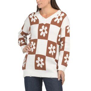BAEVELY Camel Floral Printed Checkered Sweater